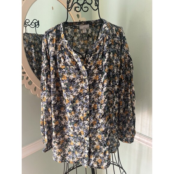 J. Jill Blouse M P Multi Color Floral Button Front Round Neck Long Sleeve Top - Picture 1 of 7